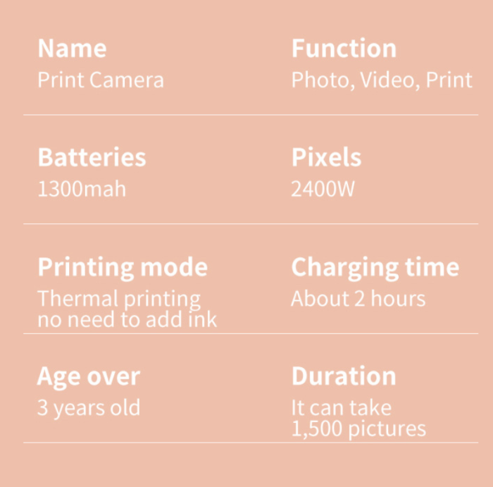 Дитячий фотоапарат з миттєвим друком — камера для дітей 1080P, термодрук, 2" екран (Рожевий)