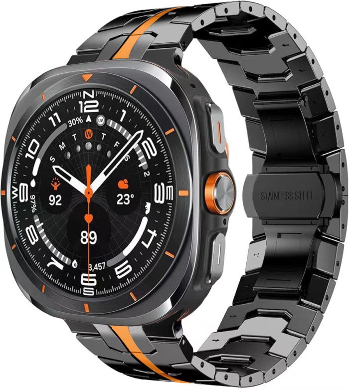 Металевий ремінець з фіксатором "IRON MAN" для Samsung Galaxy Watch 7 Ultra (Чорний+Orange)