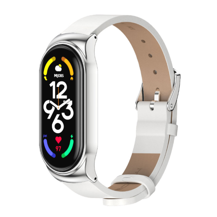 Ремінець шкіряний Mijobs для Xiaomi Mi Band 8 , Brown/Silver (Білий)