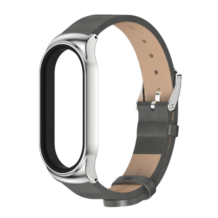 Ремінець шкіряний Mijobs для Xiaomi Mi Band 8 , Brown/Silver (Сірий)