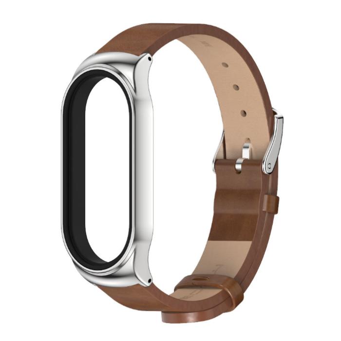 Ремінець шкіряний Mijobs для Xiaomi Mi Band 8 , Brown/Silver (Коричневый 2)